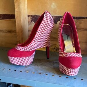 Red Houndstooth Platform Heels